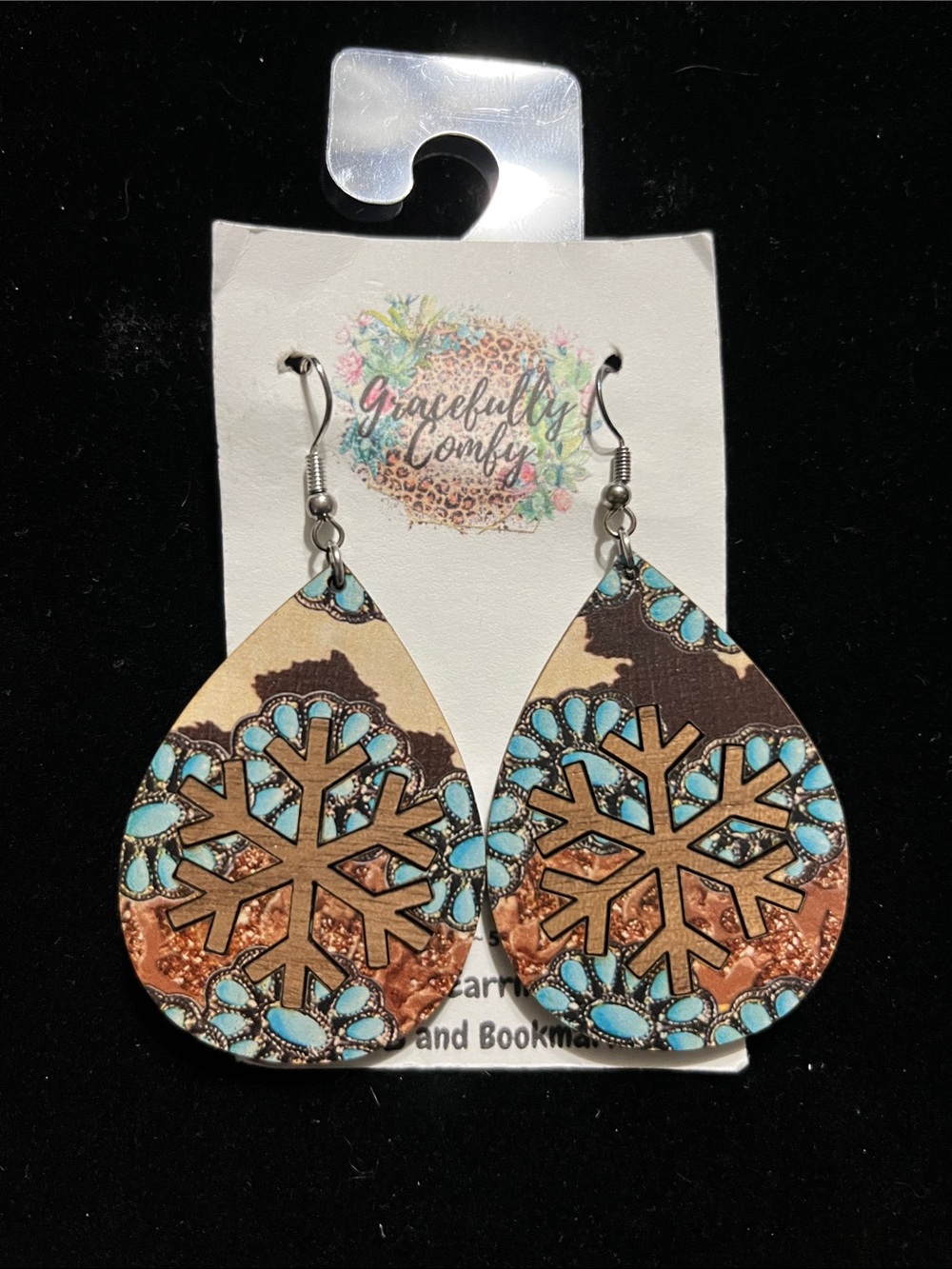 Teardrop Snowflake Earrings in Turquoise & Brown